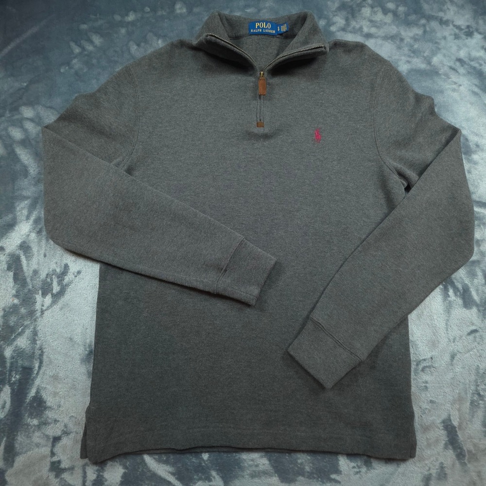 Polo Ralph Lauren Mens Quarter Zip Pullover Sweater Gray Cotton Pink Pony Small